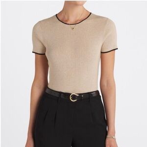 Gilli Elspeth Beige Ribbed Short-Sleeve Crewneck Bodysuit with Black Trim